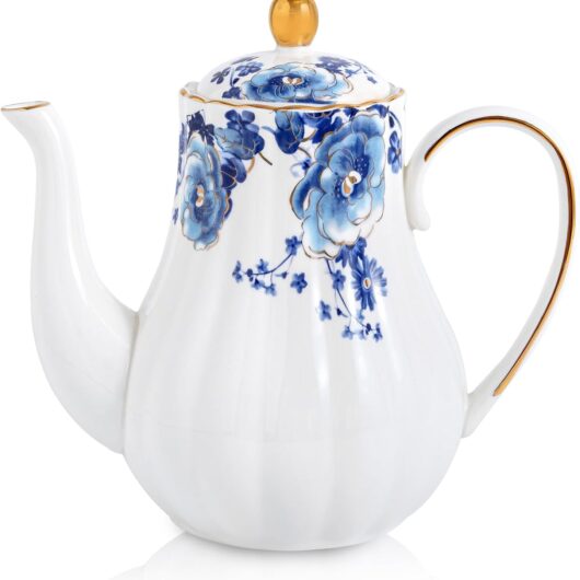 37oz White Porcelain Teapot Blue Floral