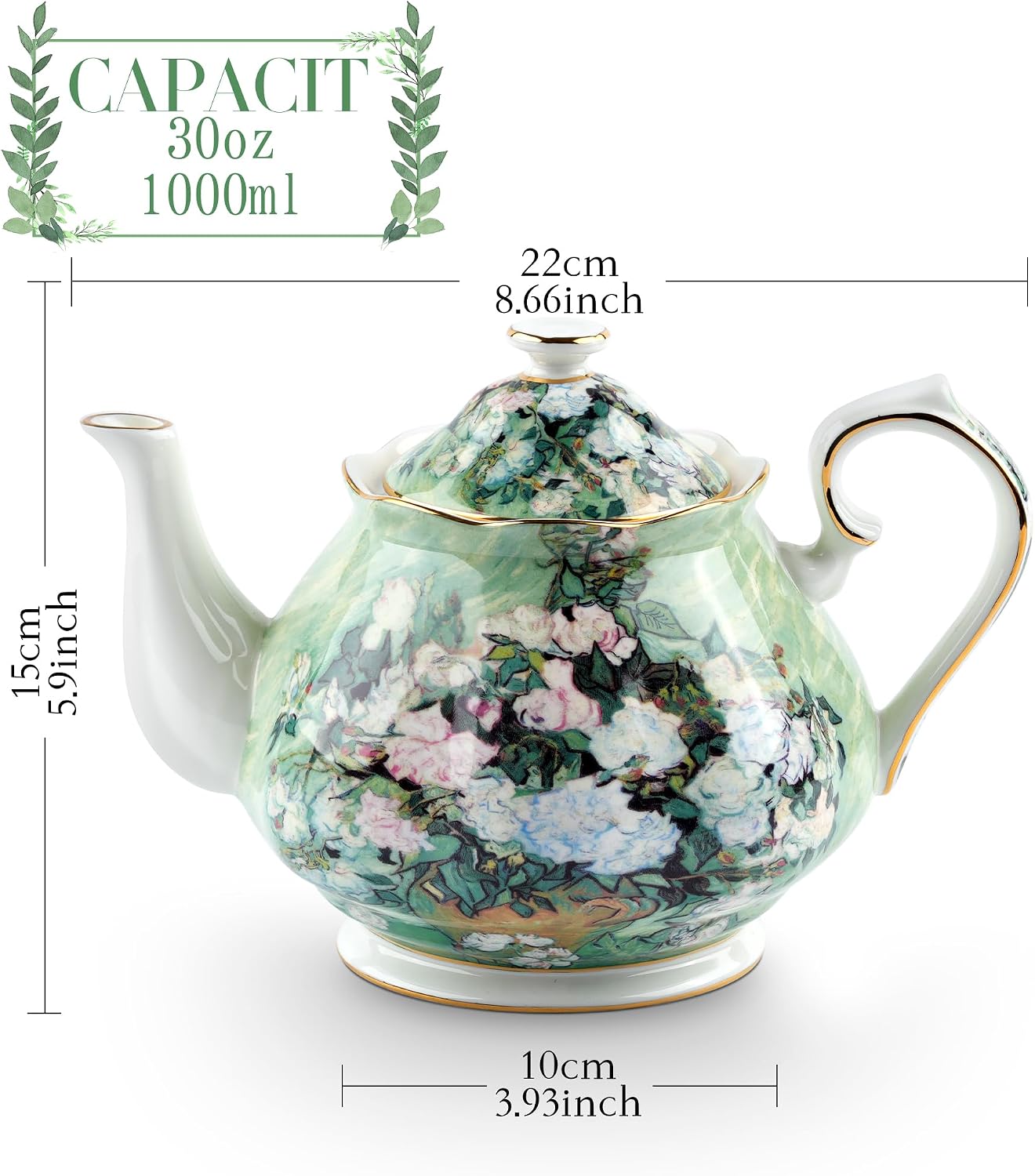 30oz White Rose Porcelain Teapot Vintage - Image 2