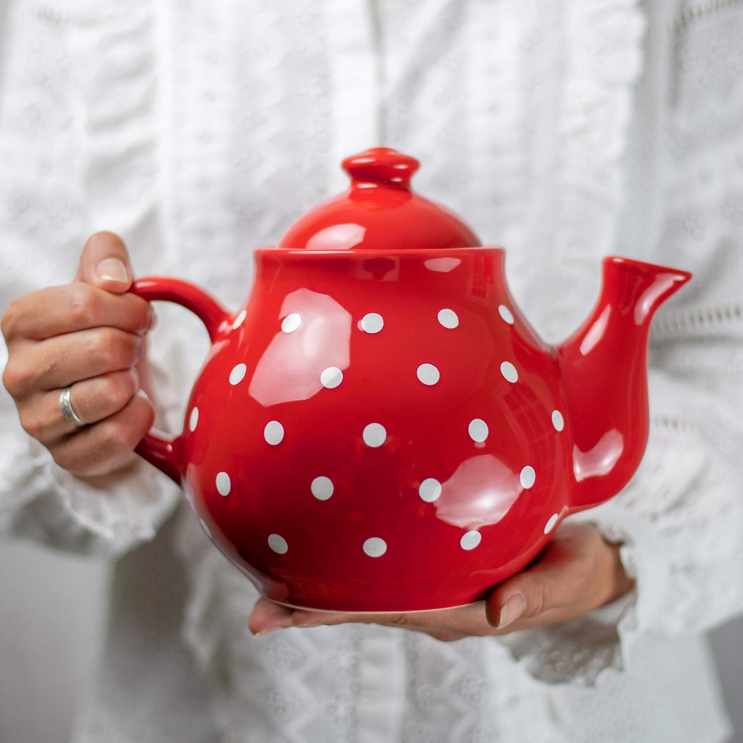 60oz Red Polka Dot Ceramic Teapot
