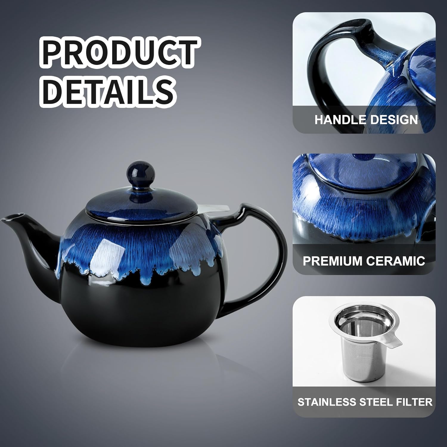34oz Nebula Blue Ceramic Teapot Infuser - Image 2