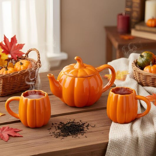 Orange Pumpkin Ceramic Teapot with Mugs