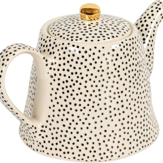 White Stoneware Teapot Black Speckle Gold
