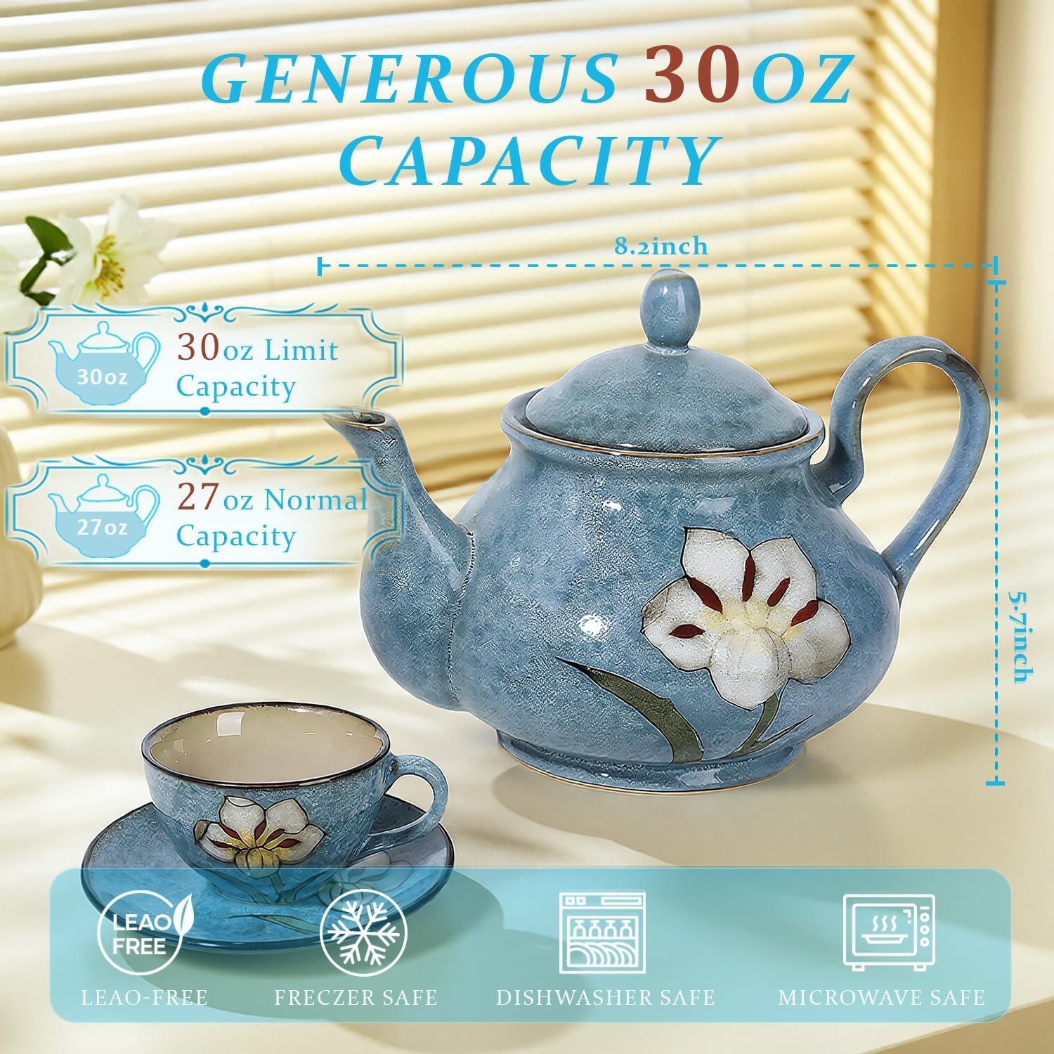 30oz Hand-Painted Porcelain Teapot with Glaze - Image 2