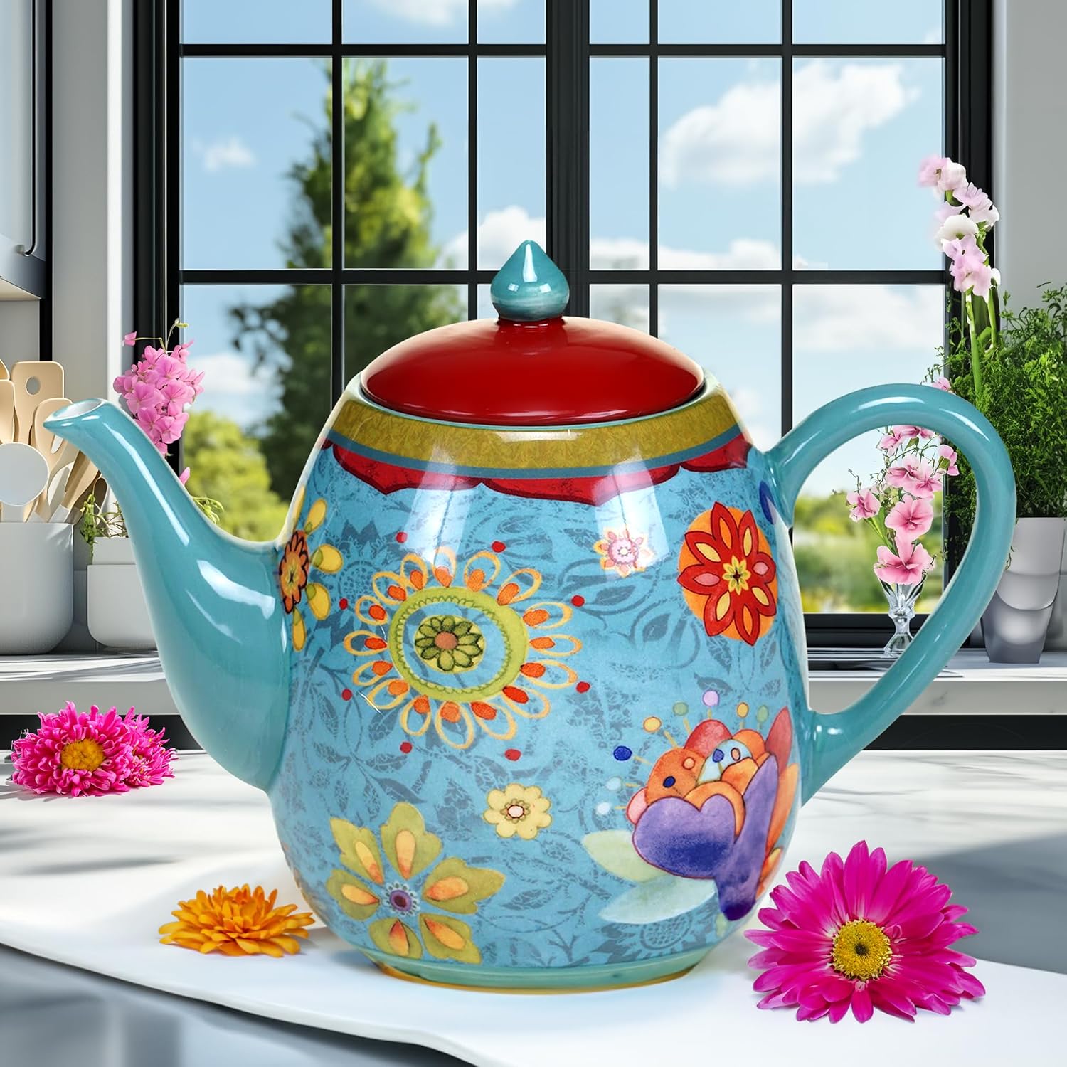 40oz Blue Floral Boho Ceramic Teapot - Image 2